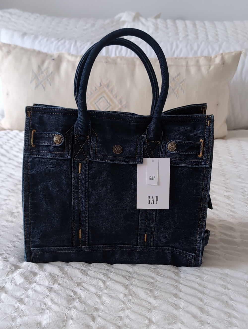 GAP Dark Indigo Denim Tote with Gold Stitching